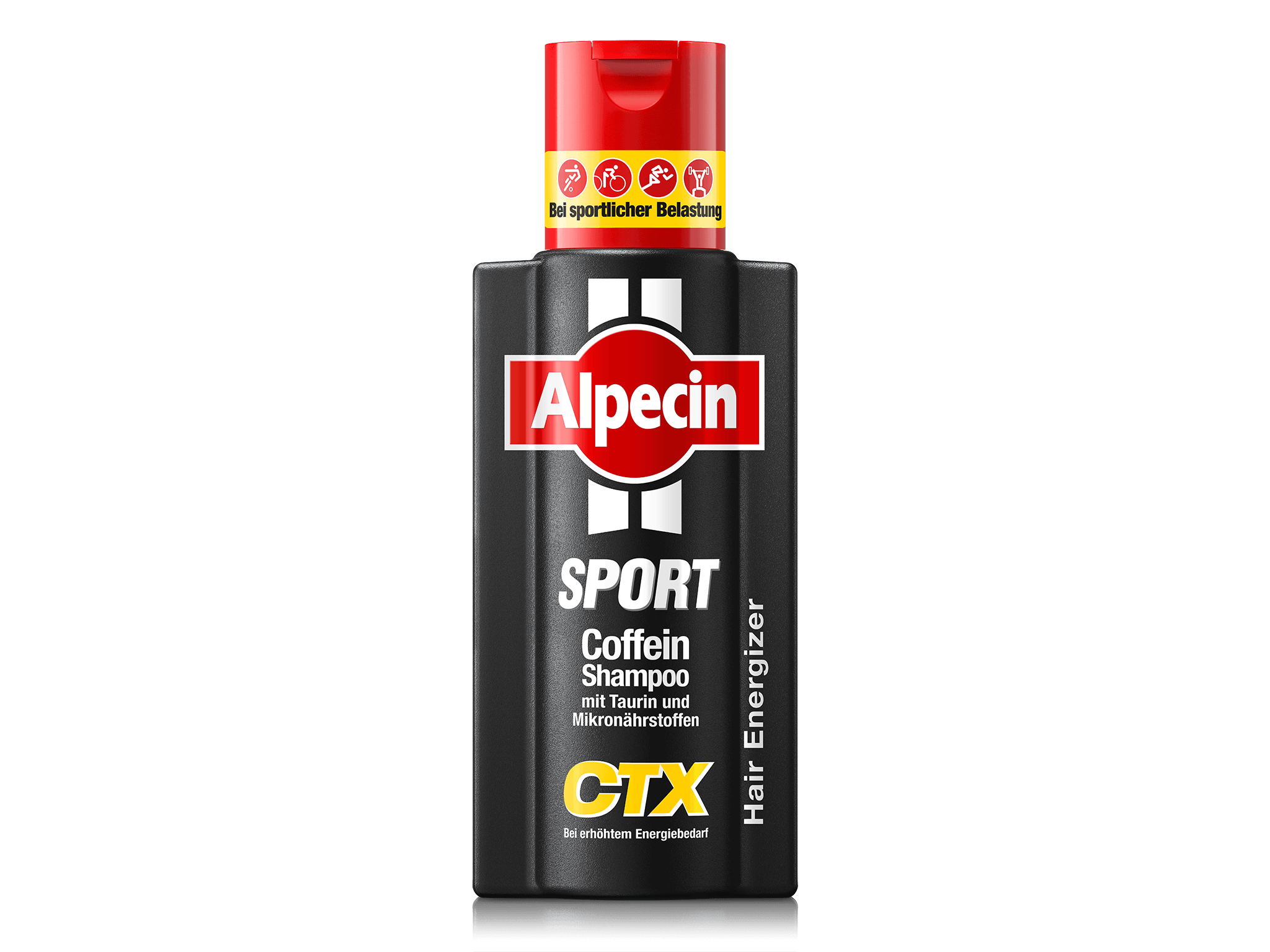 Alpecin Sport Coffein Shampoo in schwarzer Flasche mit rotem Deckel. Entwickelt mit Taurin und Mikronährstoffen für erhöhten Energiebedarf.