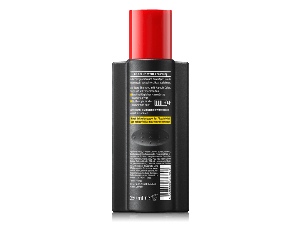Rückseite der Alpecin Sport Coffein Shampoo-Flasche mit rotem Deckel. Das schwarze Etikett enthält Informationen zur Wirkung von Coffein, Taurin und Mikronährstoffen zur Unterstützung der Haarwurzeln. Anwendungshinweise empfehlen eine 2-minütige Einwirkzeit. Ein gelber Hinweis warnt Leistungssportler, dass Alpecin-Coffein im Haarfollikel nachweisbar ist. Unten sind die Inhaltsstoffe, Herstellerangaben und ein Barcode zu sehen. Fassungsvermögen: 250 ml.