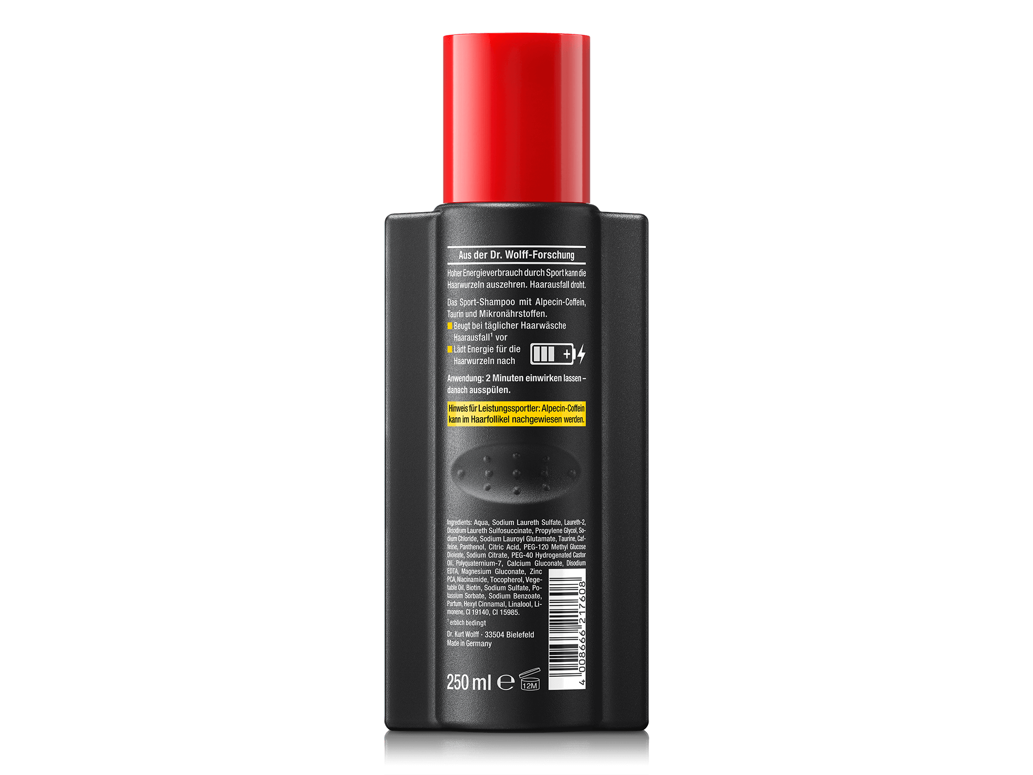 Rückseite der Alpecin Sport Coffein Shampoo-Flasche mit rotem Deckel. Das schwarze Etikett enthält Informationen zur Wirkung von Coffein, Taurin und Mikronährstoffen zur Unterstützung der Haarwurzeln. Anwendungshinweise empfehlen eine 2-minütige Einwirkzeit. Ein gelber Hinweis warnt Leistungssportler, dass Alpecin-Coffein im Haarfollikel nachweisbar ist. Unten sind die Inhaltsstoffe, Herstellerangaben und ein Barcode zu sehen. Fassungsvermögen: 250 ml.