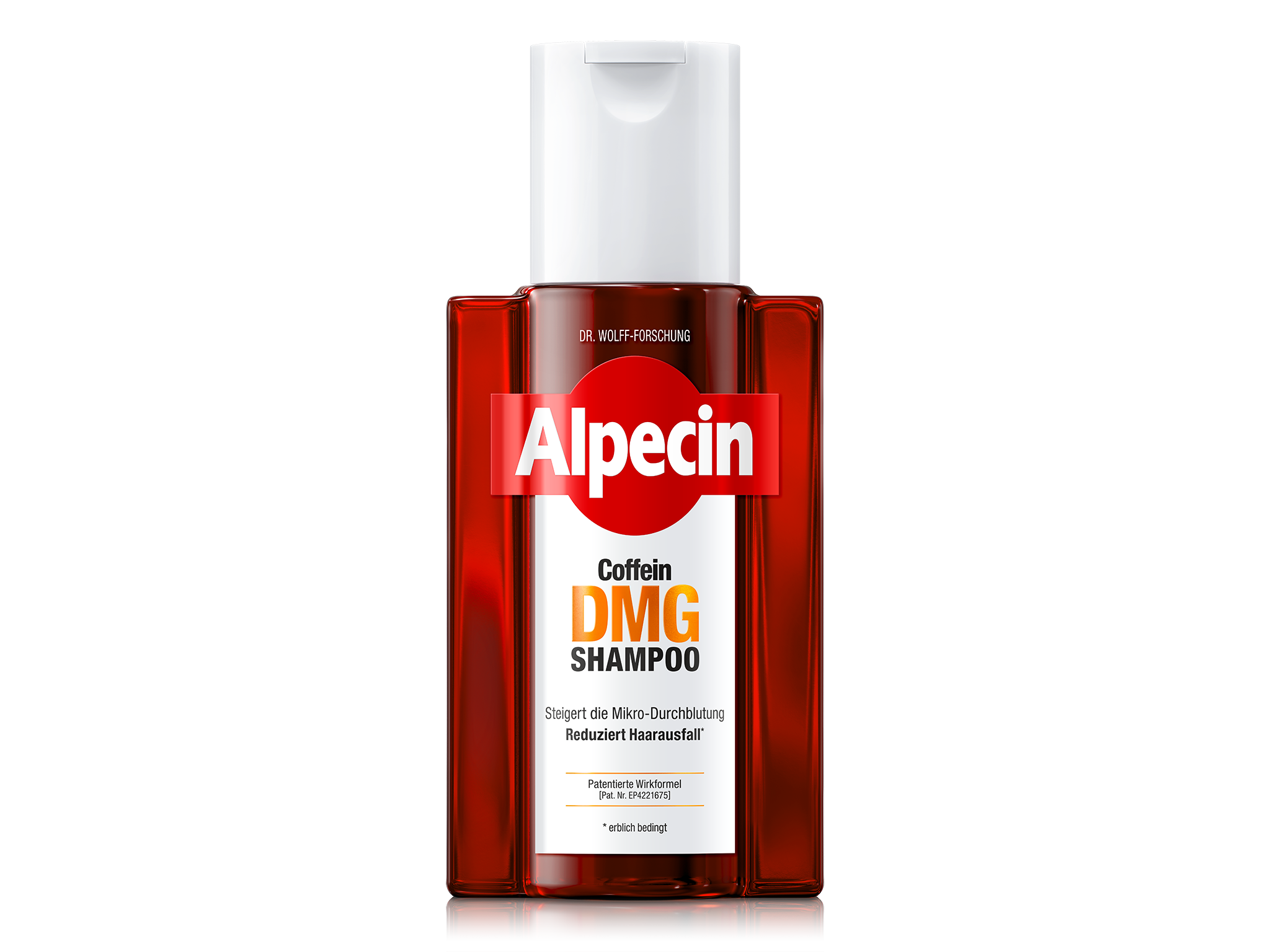 Flasche des Alpecin Coffein DMG Wirkkomplex Shampoos. Das Design der Flasche ist transparent-rot mit einem weißen Etikett. In der Mitte befindet sich das Alpecin-Logo, darunter die Aufschrift ‚Coffein DMG Wirkkomplex Shampoo‘. Am unteren Rand steht in einem orangefarbenen Feld ‚Anti-Haarausfall – erblich bedingt‘. Die Flasche hat einen weißen Klappverschluss.