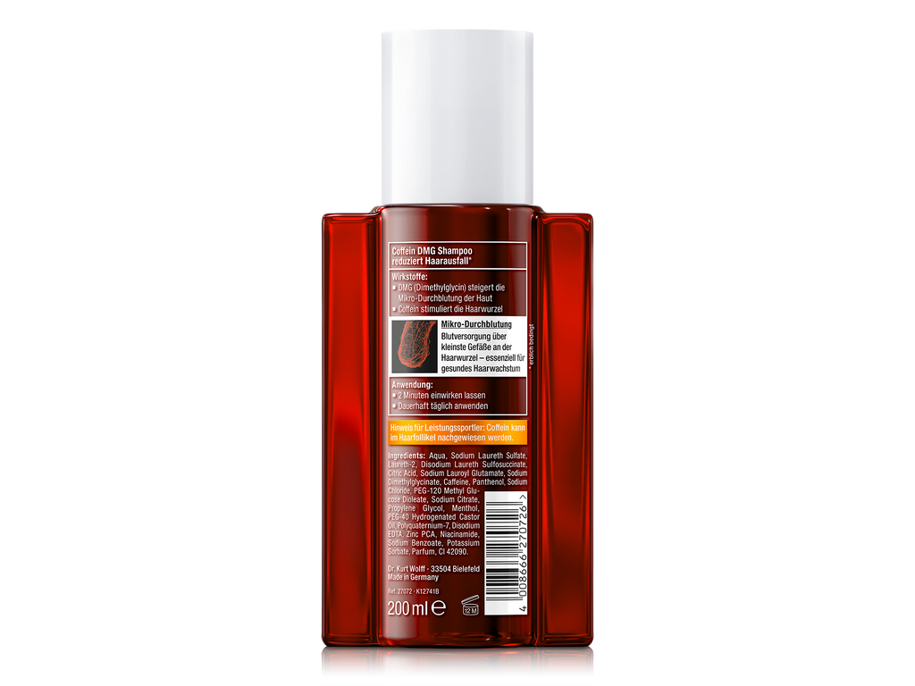 Rückseite der Alpecin Coffein + DMG Shampoo Flasche. Enthält Informationen zu Wirkstoffen wie Coffein zur Haarwurzelaktivierung und DMG zur Mikrozirkulationssteigerung. Anwendungshinweise und Inhaltsstoffe sind ebenfalls aufgeführt.