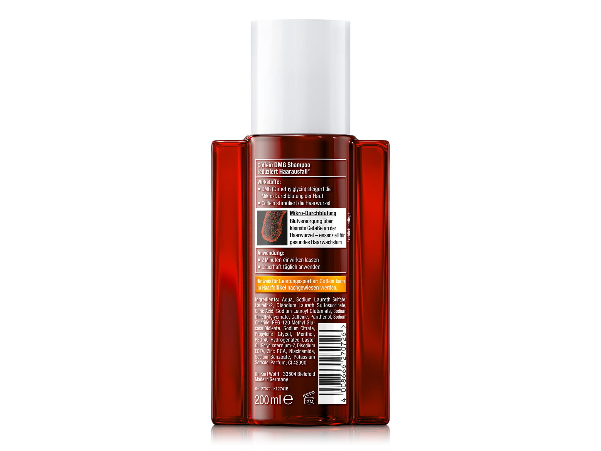Rückseite der Alpecin Coffein + DMG Shampoo Flasche. Enthält Informationen zu Wirkstoffen wie Coffein zur Haarwurzelaktivierung und DMG zur Mikrozirkulationssteigerung. Anwendungshinweise und Inhaltsstoffe sind ebenfalls aufgeführt.