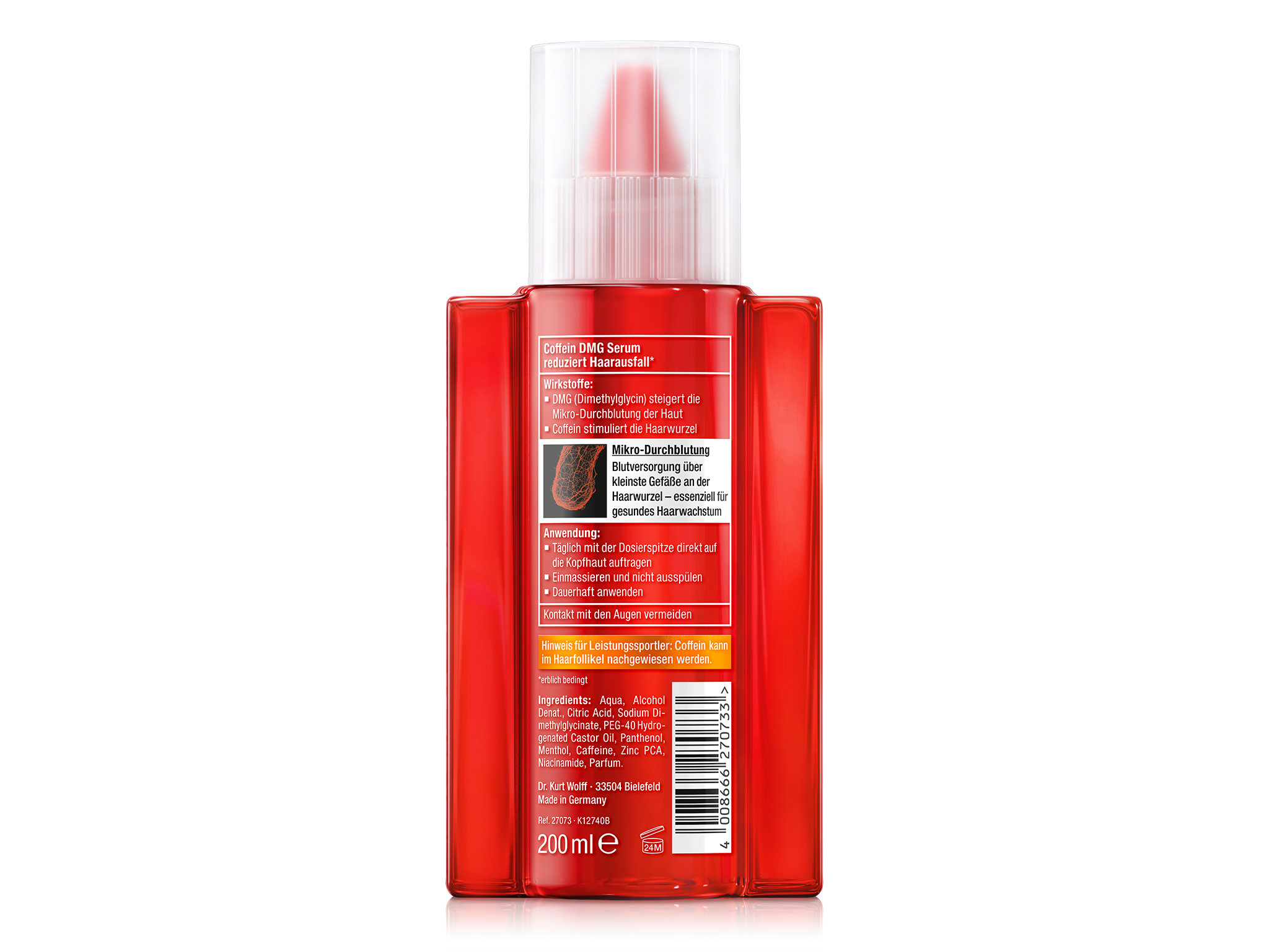 Rückseite der Alpecin Coffein DMG Serum Flasche mit transparenter Kappe. Etikett mit ‚Coffein DMG Serum‘ und Hinweis auf Haarausfallreduktion. Wirkstoffe und Anwendungshinweise, Bild einer Haarwurzel. Warnhinweise und Hersteller ‚Dr. Kurt Wolff, Bielefeld‘, ‚Made in Germany‘. 