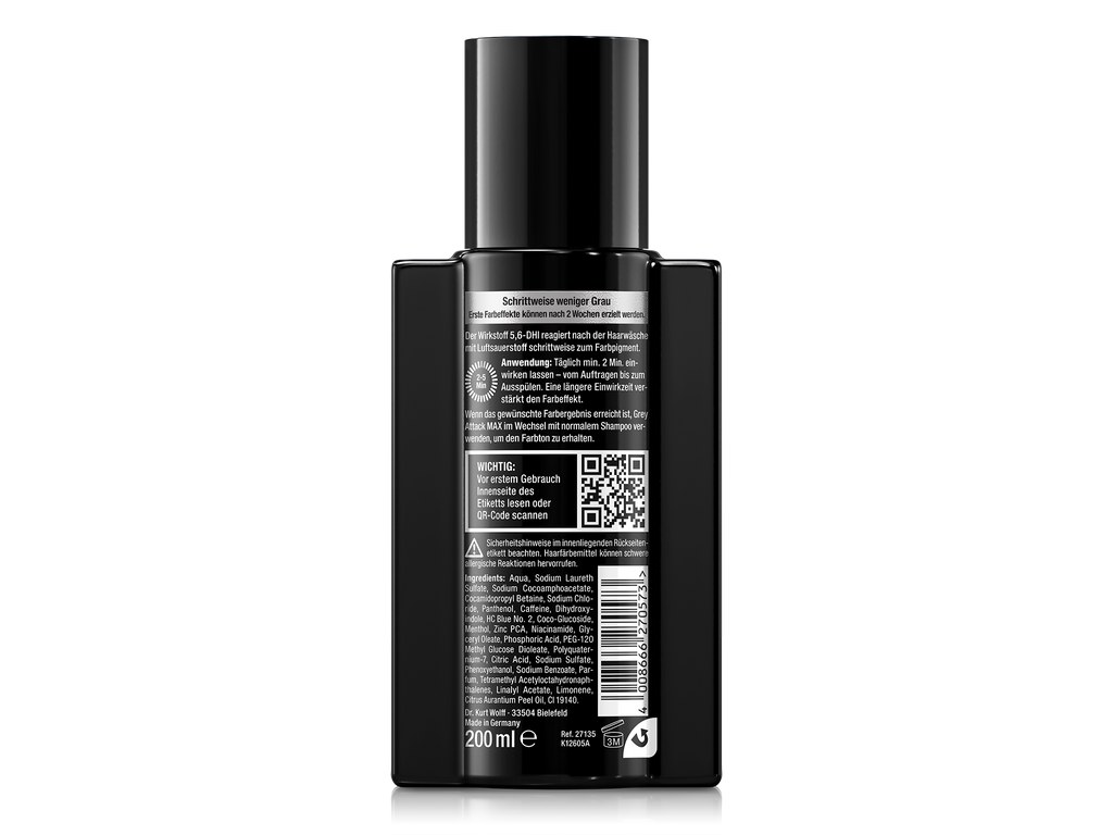 Rückseite der Grey Attack MAX Shampooflasche mit Gebrauchsinformationen, Ingredients und einem QR-Code.