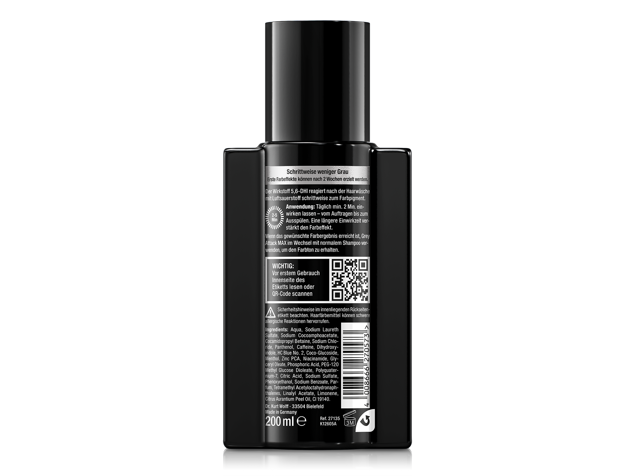 Rückseite der Grey Attack MAX Shampooflasche mit Gebrauchsinformationen, Ingredients und einem QR-Code.