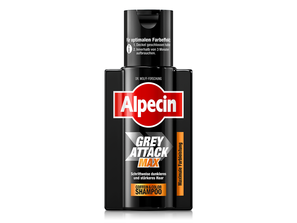 Flaschenabbildung des Grey Attack MAX mit dem Produktnamen, der Marke Alpecin.