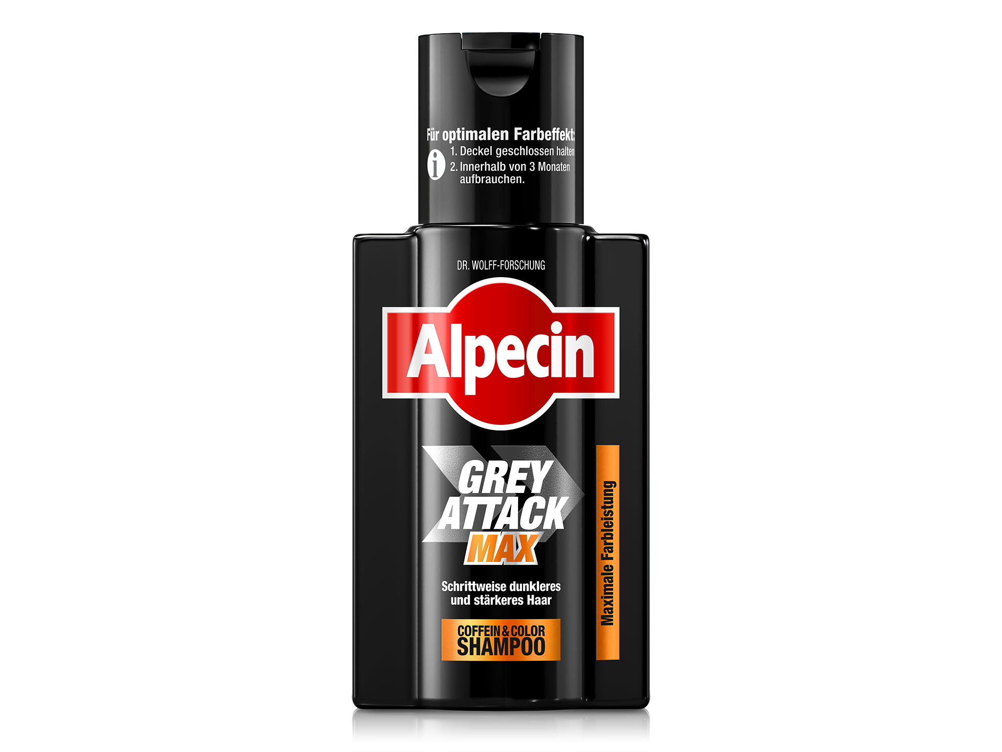 Flaschenabbildung des Grey Attack MAX mit dem Produktnamen, der Marke Alpecin.