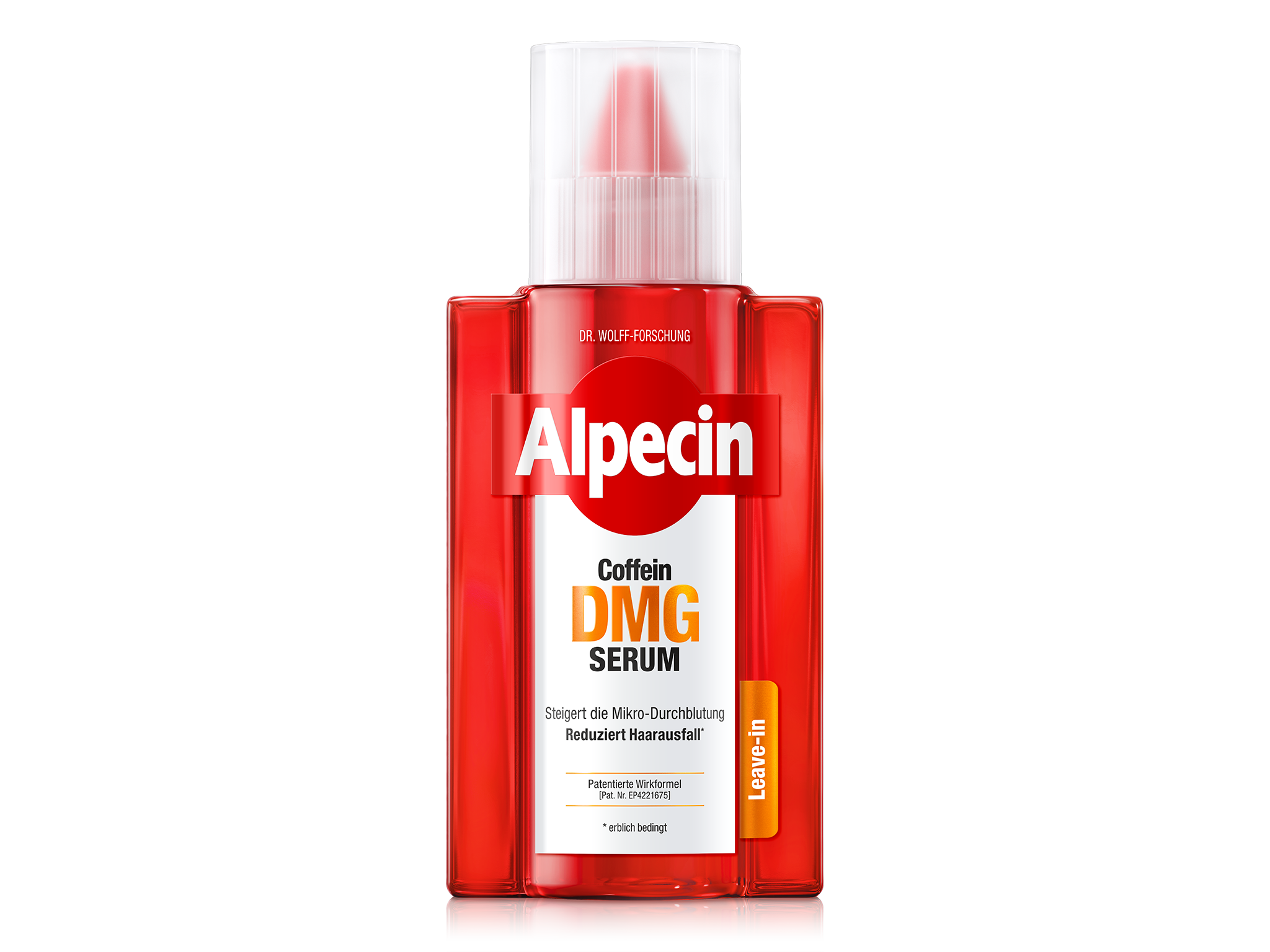 Vorderseite der Alpecin Coffein DMG Serum Flasche mit transparenter Kappe. Rotes Design mit weißem Kreis und rotem Alpecin-Logo, darunter ‚Coffein DMG Serum‘. Wirkversprechen ‚Steigert die Mikro-Durchblutung‘ und ‚Reduziert Haarausfall‘. Gelbes Band mit ‚Leave-in‘ Hinweis.
