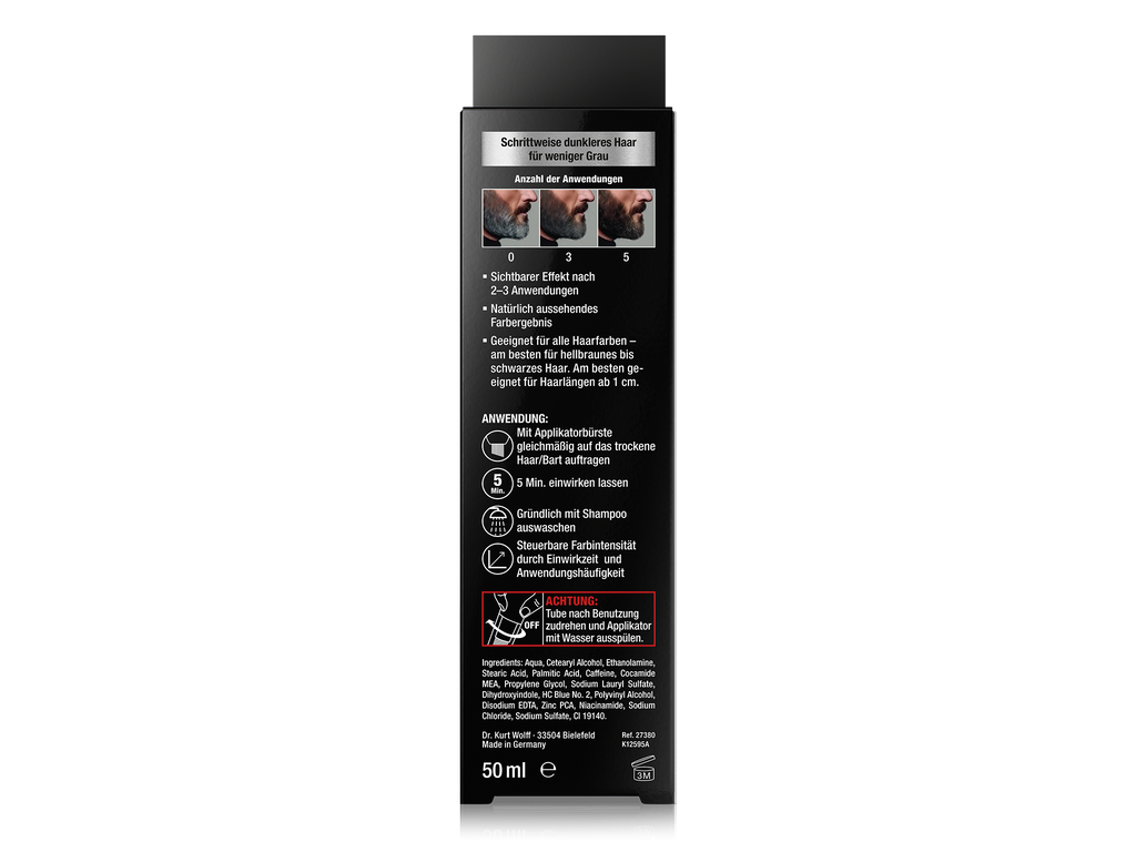 Rückseite „Alpecin Grey Attack Color Booster“ mit Anleitung, Inhaltsstoffen und Warnhinweis; Vergleichsbilder 0/3/5 Anwendungen, Icons zur Anwendung.