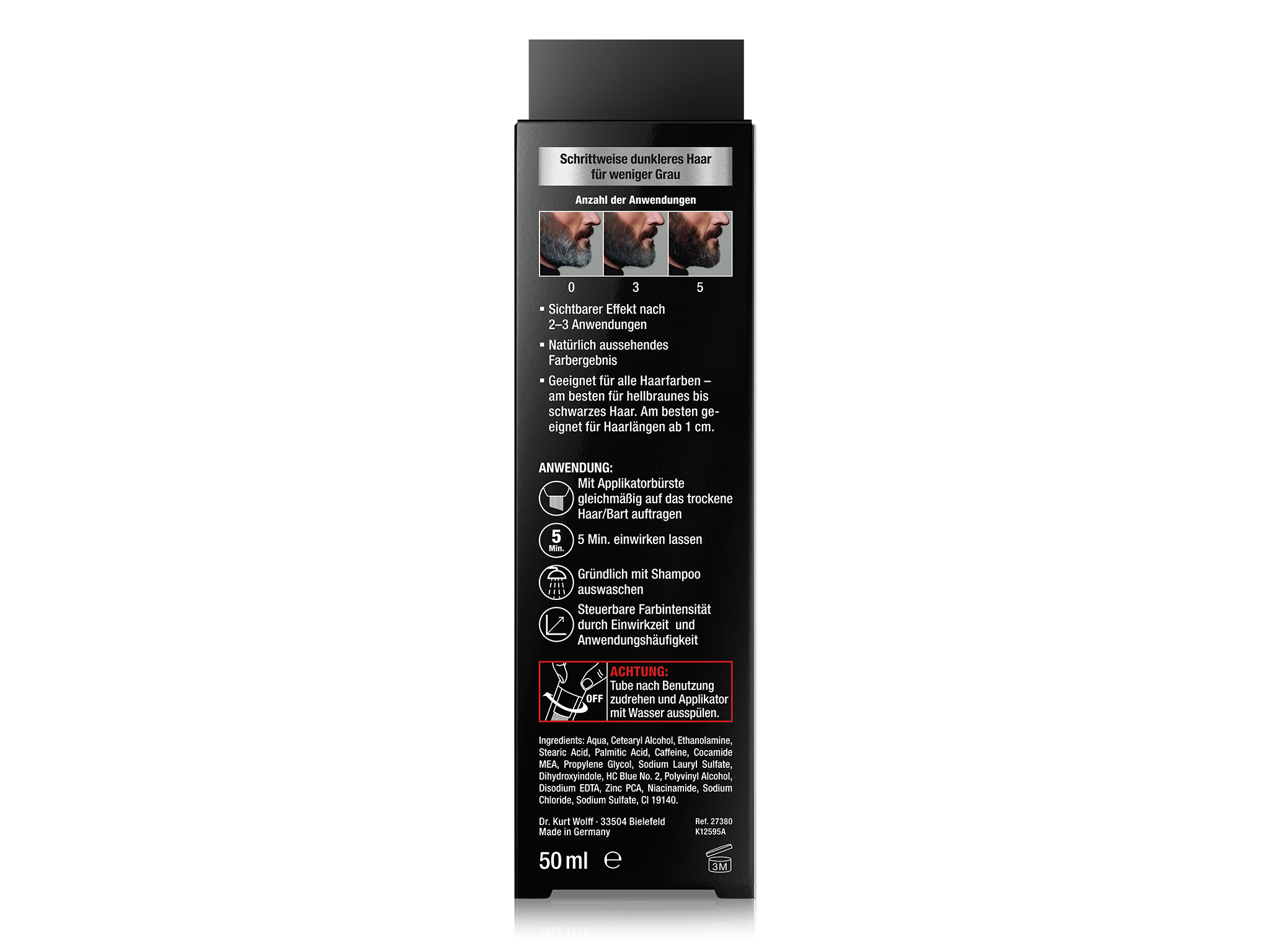 Rückseite „Alpecin Grey Attack Color Booster“ mit Anleitung, Inhaltsstoffen und Warnhinweis; Vergleichsbilder 0/3/5 Anwendungen, Icons zur Anwendung.