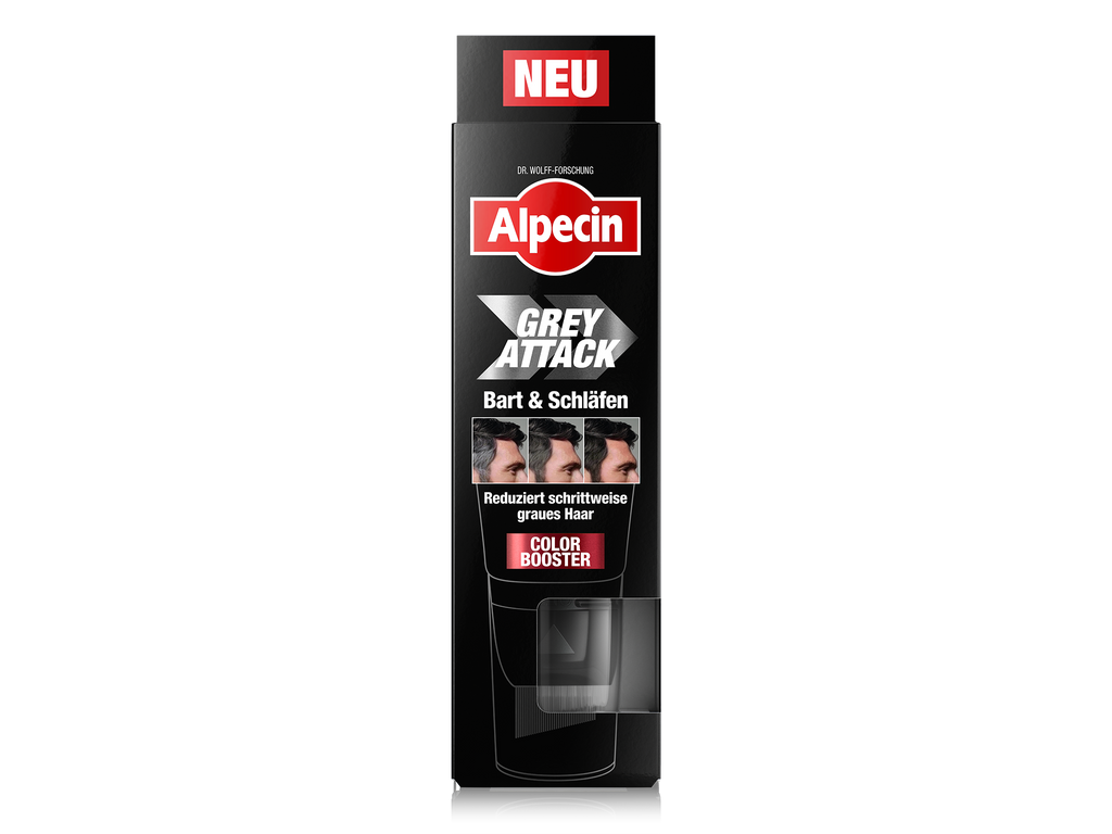 Verpackung von Alpecin Grey Attack für Bart & Schläfen, „Color Booster“. Text: „Reduziert schrittweise graues Haar“. Vorderseite mit Vorher-nachher-Fotos.