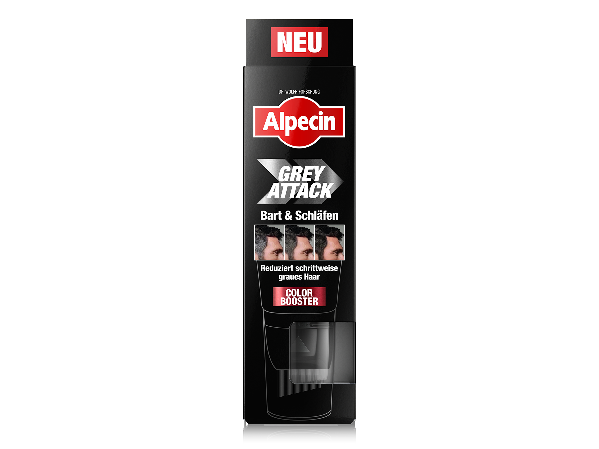 Verpackung von Alpecin Grey Attack für Bart & Schläfen, „Color Booster“. Text: „Reduziert schrittweise graues Haar“. Vorderseite mit Vorher-nachher-Fotos.