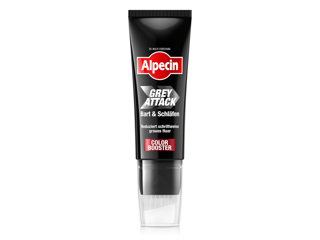 Alpecin Grey Attack für Bart und Schläfen, „Color Booster“. Text: „Reduziert schrittweise graues Haar“. Schwarze Tube mit Applikatorbürste.