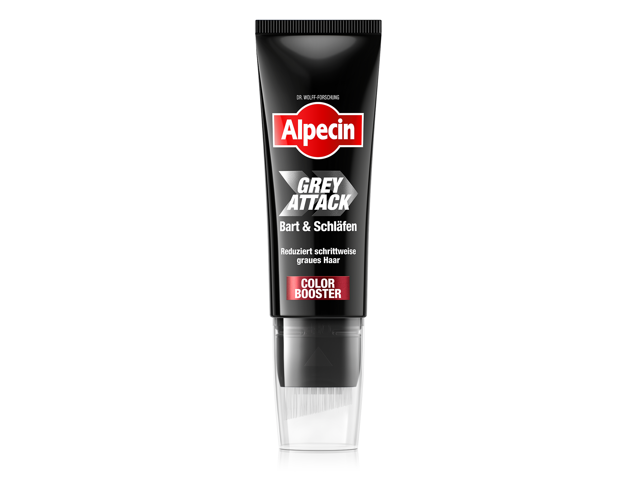 Alpecin Grey Attack für Bart und Schläfen, „Color Booster“. Text: „Reduziert schrittweise graues Haar“. Schwarze Tube mit Applikatorbürste.