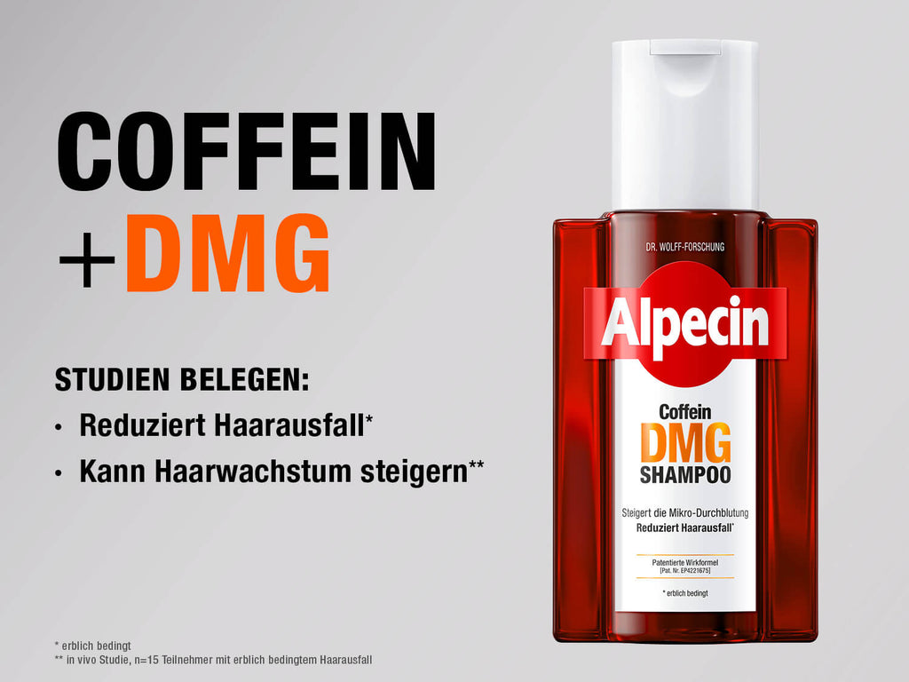 Werbeanzeige für Alpecin Coffein DMG Wirkkomplex Shampoo. Links steht ‚COFFEIN + DMG‘ mit den Aussagen ‚Reduziert Haarausfall‘ und ‚Kann Haarwachstum steigern‘. Rechts die Shampoo-Flasche mit Alpecin-Logo und ‚Anti-Haarausfall‘-Hinweis.