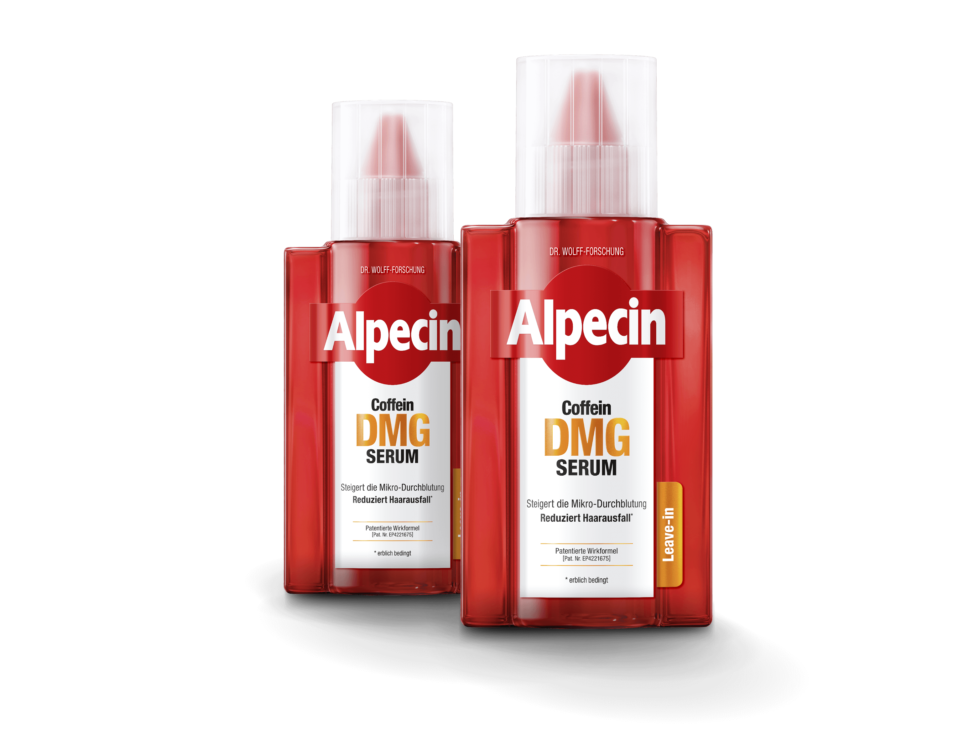 Vorderseite der Alpecin Coffein DMG Serum Behälter mit transparenter Kappe. Dunkelrotes Design mit weißem Alpecin-Logo, darunter ‚Coffein DMG SERUM‘. Produktvorteile ‚Steigert die Mikro-Durchblutung‘ und ‚Reduziert Haarausfall‘. Orangefarbenes Schild ‚Leave-in‘.
