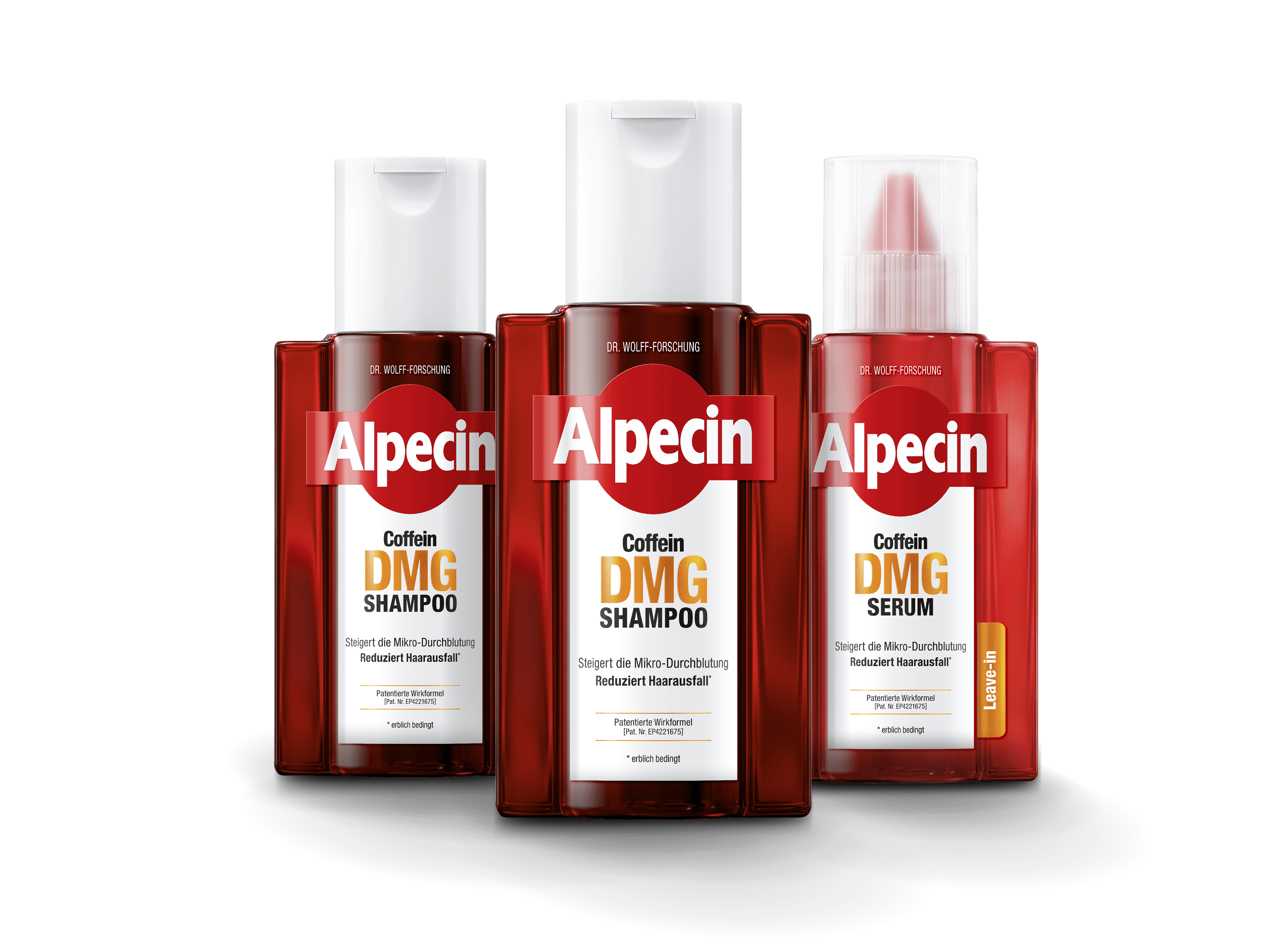 Drei Produkte der Alpecin Coffein DMG Serie nebeneinander. Zwei Flaschen Coffein DMG Shampoo mit weißem Klappverschluss, transparentes Rot mit ‚Alpecin Coffein DMG Shampoo‘. Rechts Coffein DMG Serum mit transparenter Kappe, ‚Steigert die Mikro-Durchblutung, Reduziert Haarausfall*‘. Gelber Sticker ‚Leave-In‘.