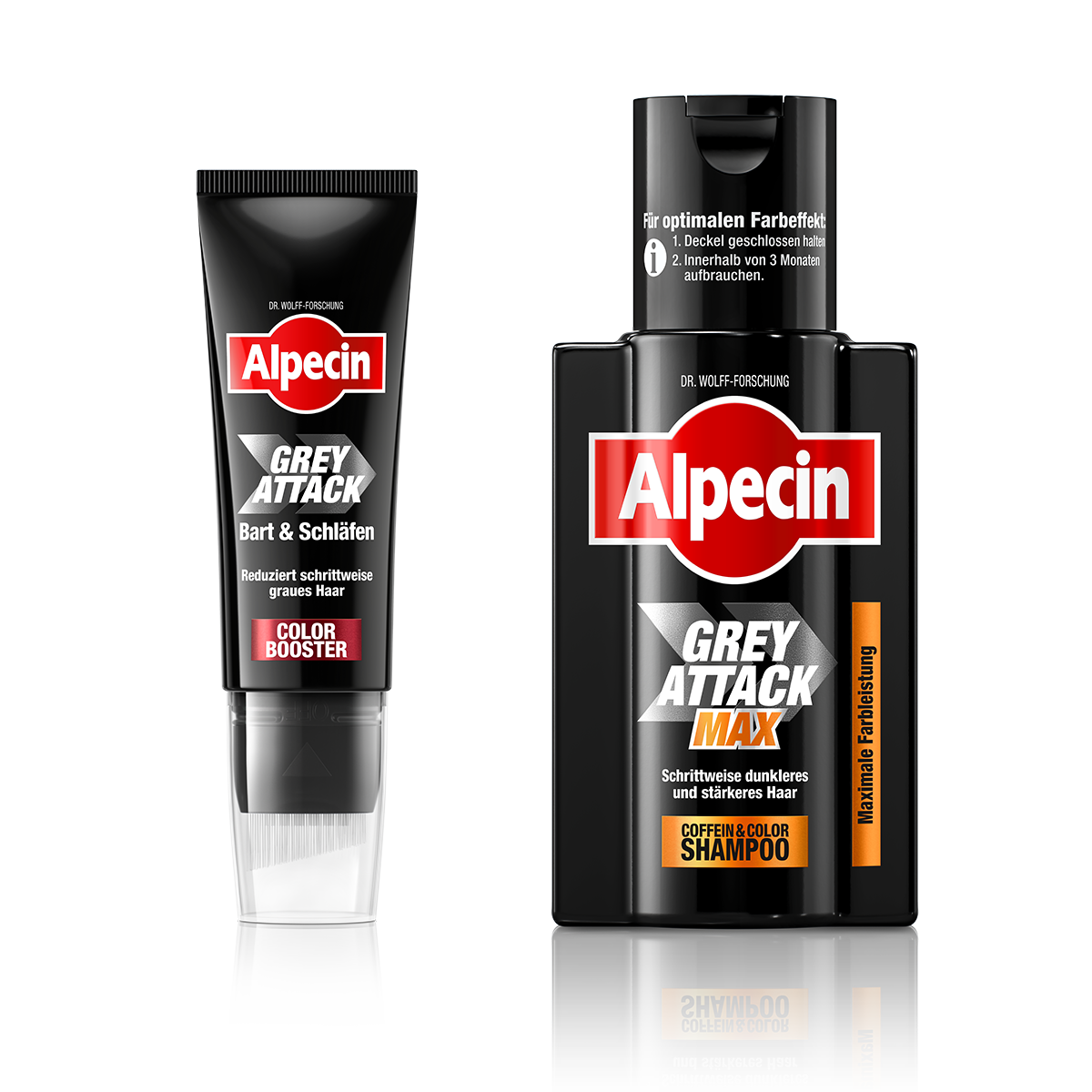 Zwei Alpecin Grey Attack Produkte (Bart & Schläfen und Grey Attack MAX Shampoo) nebeneinander angeordnet.