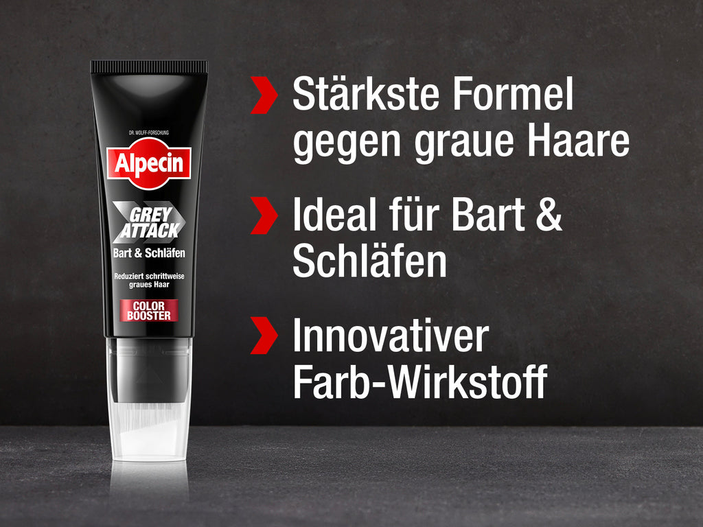 Produktabbildung „Alpecin Grey Attack Bart & Schläfen Color Booster“ mit Stichpunkten: stärkste Formel, ideal für Bart & Schläfen, innovativer Farbstoff.