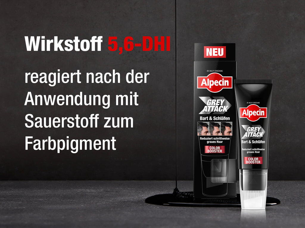 „Wirkstoff 5,6-DHI reagiert nach der Anwendung mit Sauerstoff zum Farbpigment“; Packung und Tube „Alpecin Grey Attack Bart & Schläfen“, Label „NEU“.