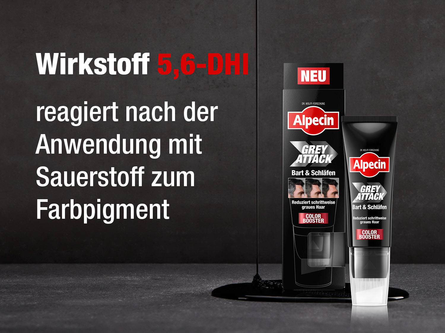 „Wirkstoff 5,6-DHI reagiert nach der Anwendung mit Sauerstoff zum Farbpigment“; Packung und Tube „Alpecin Grey Attack Bart & Schläfen“, Label „NEU“.