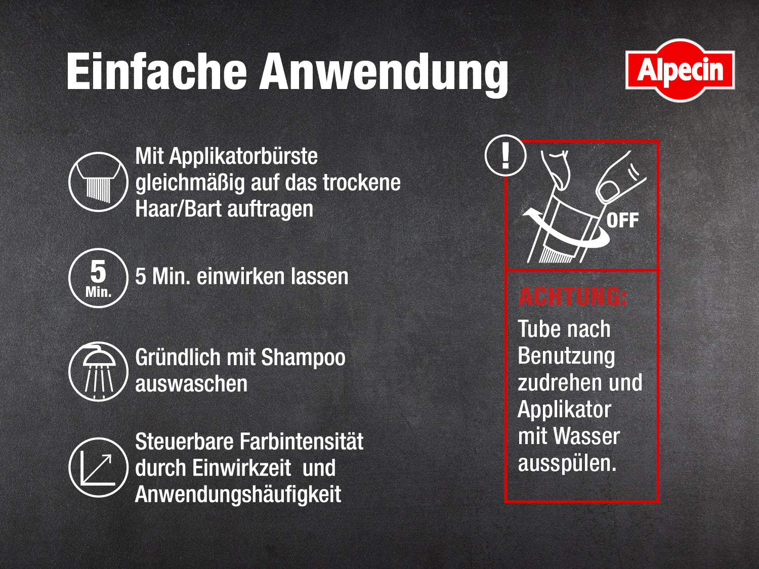 Anleitungsgrafik „Einfache Anwendung“ mit Icons: auf trockenes Haar/Bart auftragen, 5 Min. einwirken, mit Shampoo auswaschen, Intensität steuerbar; Hinweis zum Ausspülen des Applikators.