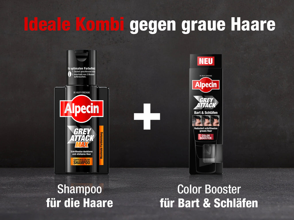 Kombi-Empfehlung: „Ideale Kombi gegen graue Haare“; links Alpecin Grey Attack Max Shampoo, rechts Color Booster für Bart & Schläfen, Pluszeichen dazwischen.