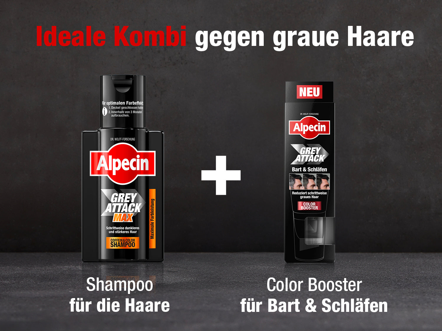 Kombi-Empfehlung: „Ideale Kombi gegen graue Haare“; links Alpecin Grey Attack Max Shampoo, rechts Color Booster für Bart & Schläfen, Pluszeichen dazwischen.